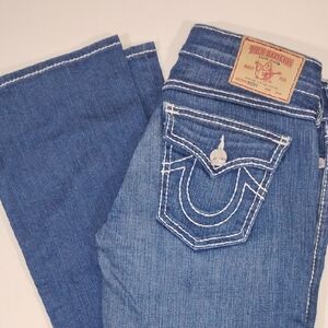 True Religion Women's Blue Denim Bootcut Jeans with Contrast Stitching